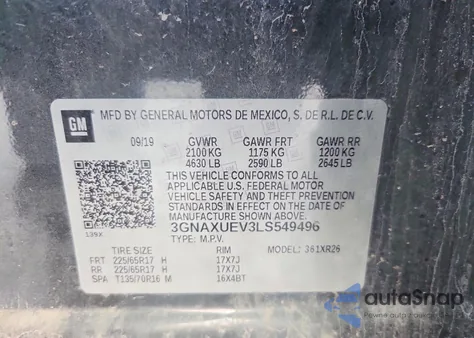 2020 Chevrolet Equinox Lt z USA, uszkodzony, nr VIN 3GNAXUEV3LS549496